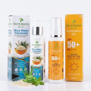 Secret Mantra By nature SPF 50+ Sunscreen Gel and Rice Water Face Wash Combo, 100ml Each, For All Skin Types