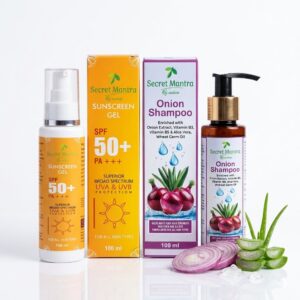 Secret Mantra By nature SPF 50+ Sunscreen Gel with UVA/UVB Protection and Onion Shampoo with Vitamin B5, 100ml Combo Pack