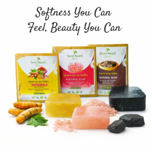 Secret Mantra Natural Soap Set, Trio Pack with Haldi Zafran, Himalayan Pink Salt with Vanilla, Charcoal with Mint, Handmade