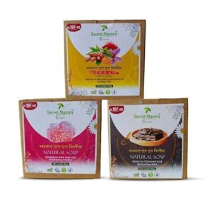 secret mantra by nature natural soap set, trio pack with haldi zafran, himalayan pink salt with vanilla, charcoal with mint, handmade, 100% chemical free
